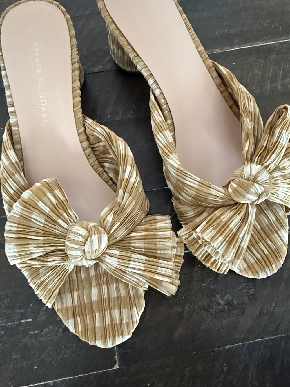 Loeffler Randall Emilia Tan Cream Gingham Pleated Knot Mules - Picture 3 of 4